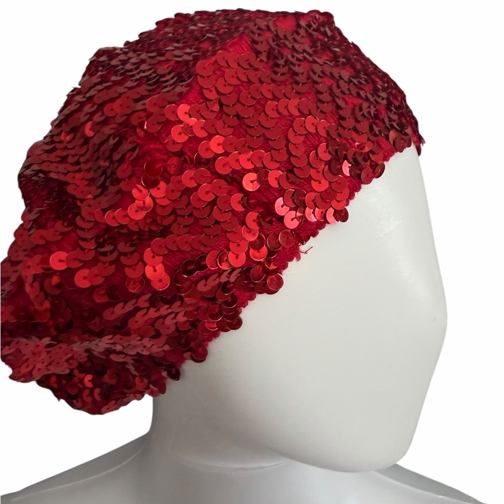Women’s Red Sequin Beret Hat Stretch One Size New
